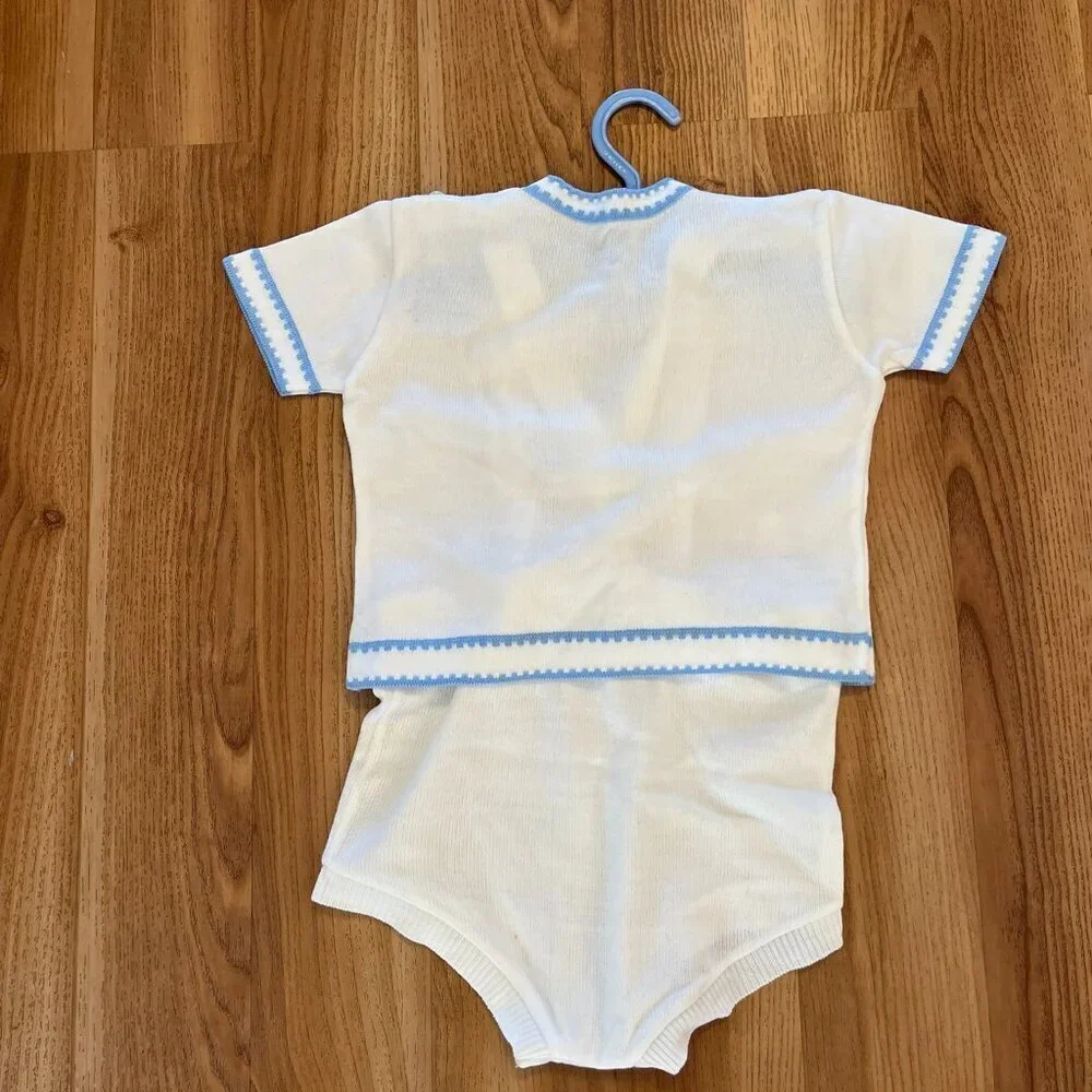Vintage Retro Baby Soft Knit 2-Piece Embroider Romper Set Sz 12Months